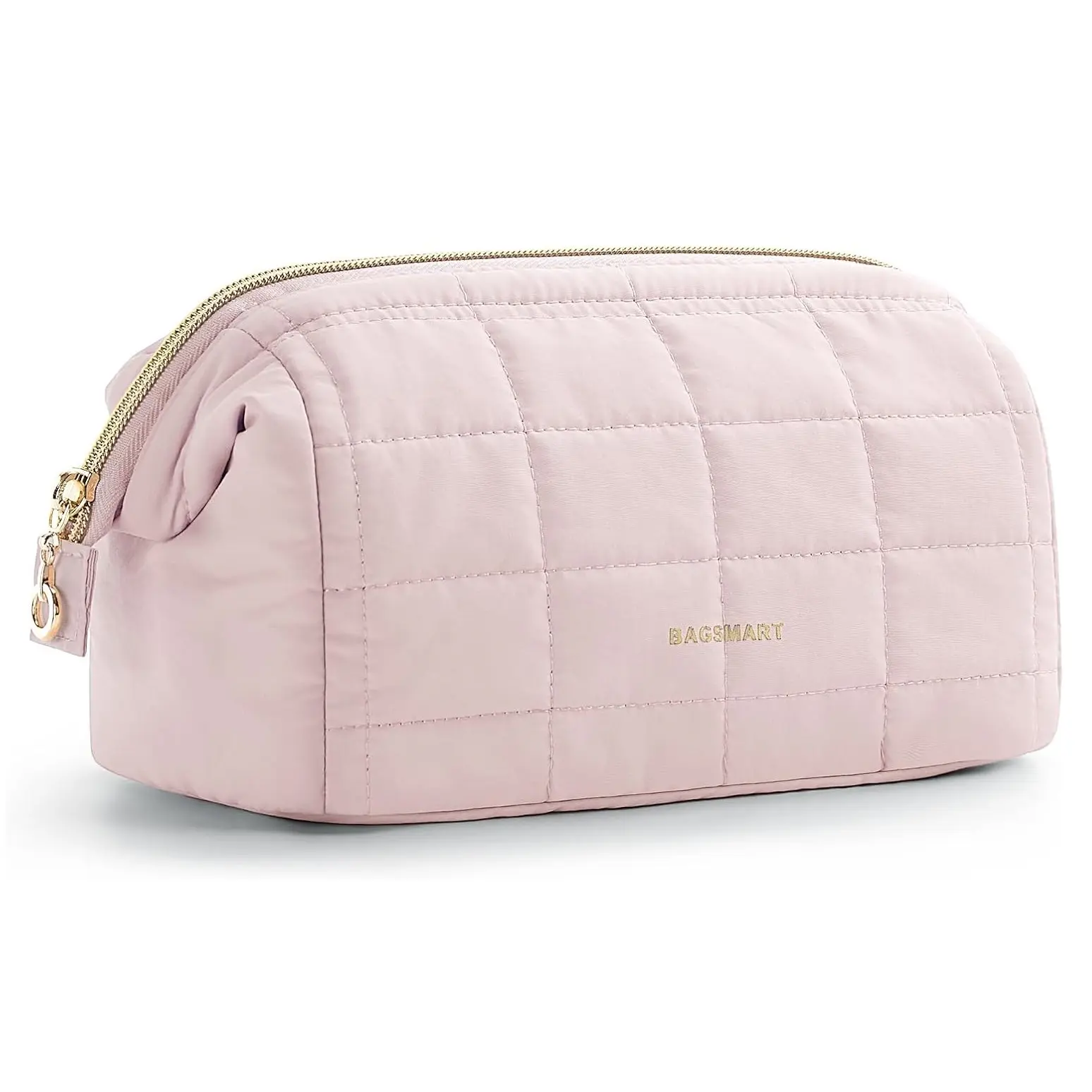 BAGSMART Makeup Bag Travel Toiletry Bag, Wide-open Zipper Pouch, Pink | Puffy Padded, Travel Essentials, Make Up Bag, For Women, Makeup Organizer, Toiletries Accessories Brushes