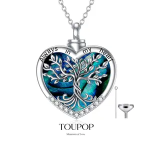 TOUPOP Tree of Life Urn Necklaces for Ashes 925 Sterling Silver Heart Cremation Jewelry Memorial Keepsake Jewelry with Funnel Filler for Women Men