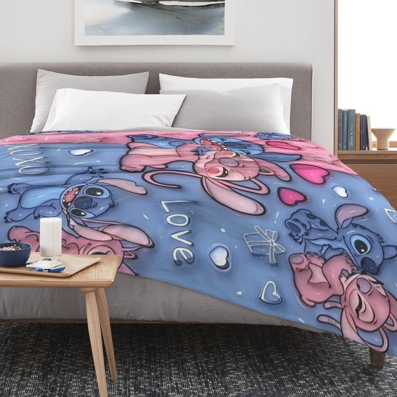 Disney Stitch Couple Photo Blanket Pink & Blue Designs with Heart Patterns and Miss U Love Texts for Cozy Cuddling