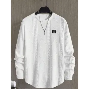 Men's Casual Long-Sleeve Knit Top - Fitted Design, Patchwork Detail, Textured Knit, Round Neck, Suitable for Daily Wear & All Seasons