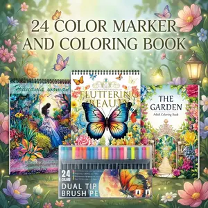 3pcs Coloring Books, 24 Colors Markers, Dual Tip Brush Pens - Butterfly, Flowers & Garden Themes - Beginner-Friendly, Exquisite Designs for Adults and Enthusiasts - Thick Paper for Leisure and Mindfulness - Perfect Gift for Christmas & New Year
