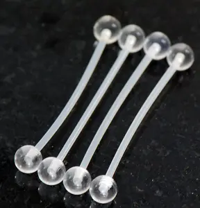 4 Pc Clear Acrylic Balls PTFE Flexible Shaft Nipple Bar Industrial Barbells 14G Length 5/8" (16 mm) Unique Jewelry Delicate Design Piercing For Women