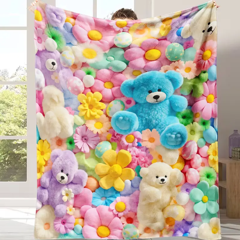 Teddy Bear Floral Flannel Throw Blanket, Pastel Plush Bear & Flower Print Blanket, Soft Cozy Blanket for Sofa Bedroom, Cute Aesthetic Gift for Girls All Season Lightweight Blanket,Kids Bedroom Decor，Sweet Birthday Holiday Gift for Children & Bear Lovers