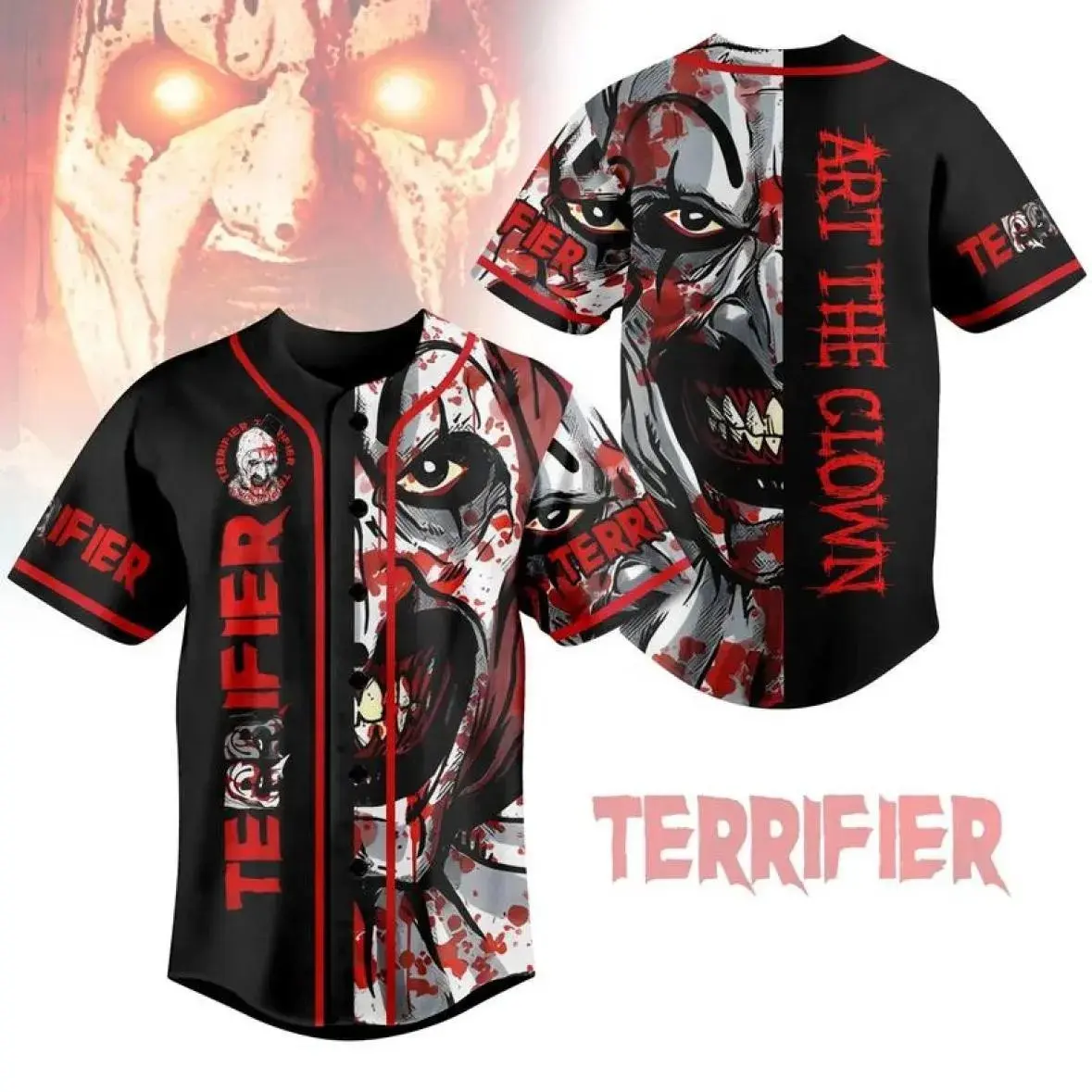 Art the Clown Inspired Baseball Jersey, Terrifier Style Horror Film Button-Up Shirt and Halloween Outfit