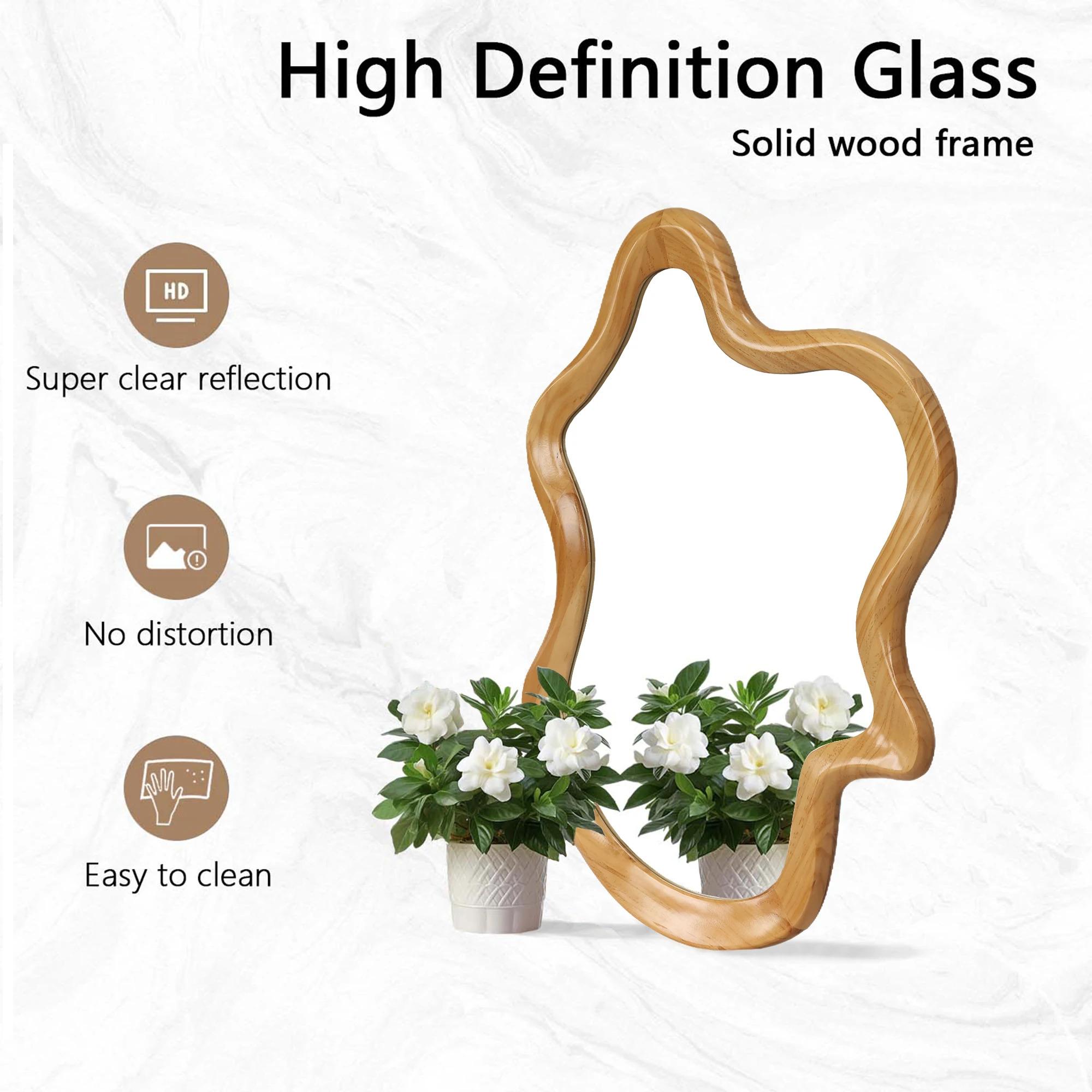 33.46"x22.24" Irregular Wall Mirror with Natural Wood Frame |   Asymmetrical Accent Mirror for Home Decor