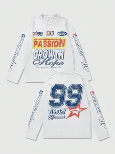 1Pcs Mens Racing Aesthetic White Long Sleeve T-Shirt | Vintage Passion Growth Hope Graphic Tee | Oversized Y2K Motocore Streetwear Top