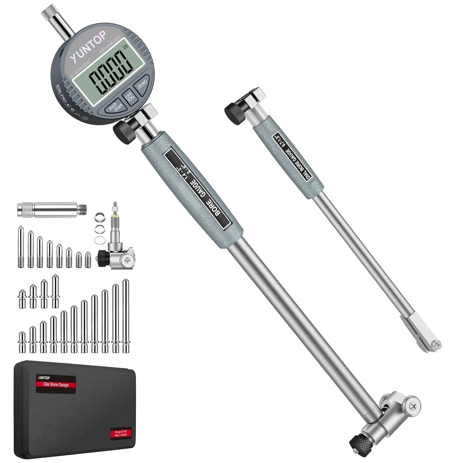 XUNTOP 0.7-6''/0.0005" Digital Indicator Bore Gauge Set with 23PCS Anvils 5-6" Depth Measuring Dial Bore Gauge with 2 Measuring Rods Cylinder Measurement Tool for Machining CNC Automotive