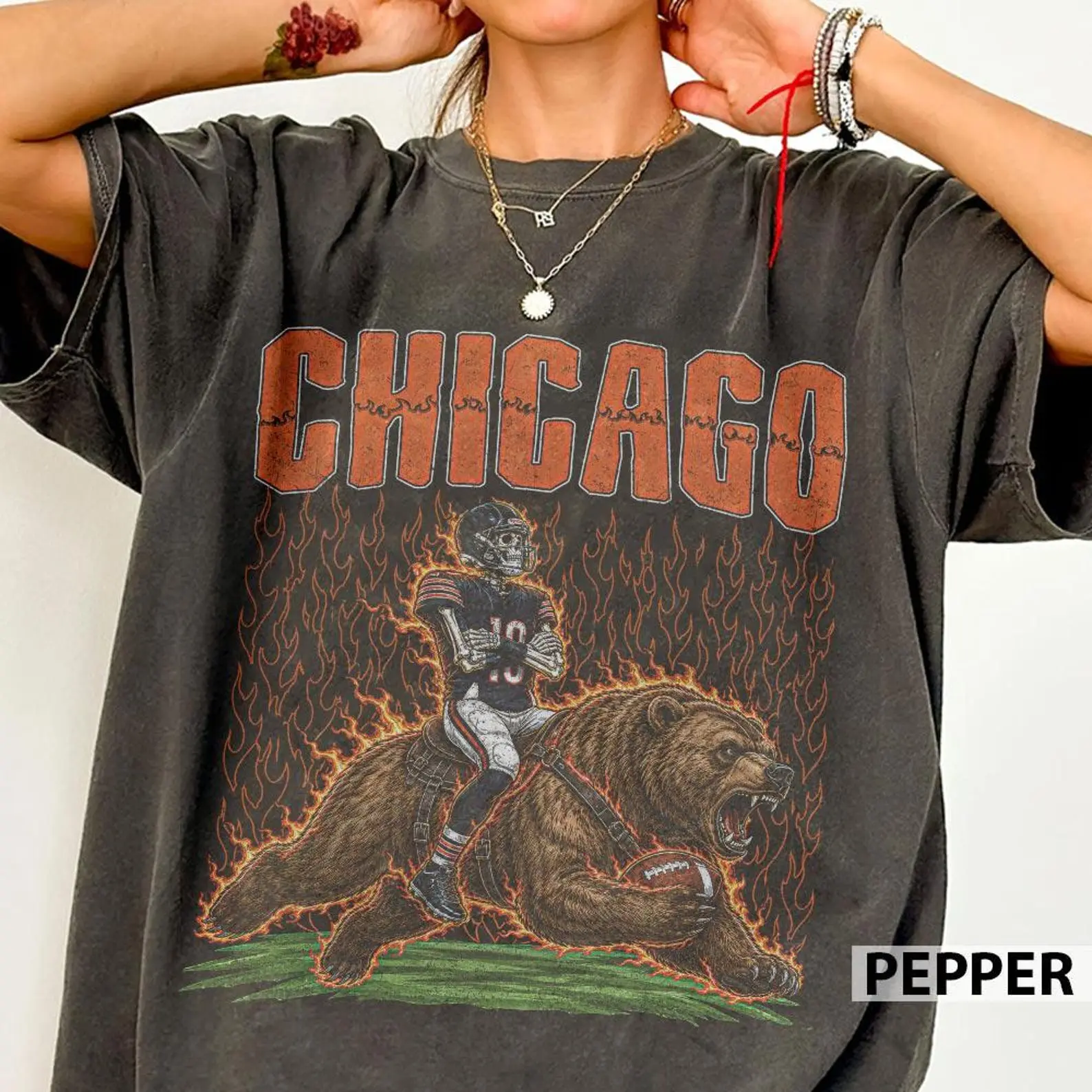 Comfort Colors Vintage 90s Chicago Football Skull Shirt, Caleb Williams Game Day Outfit Shirt