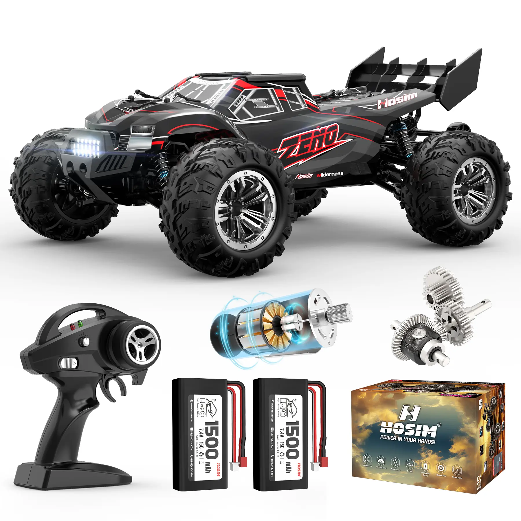 HOSIM 1:10 Scale Hobby Grade Remote Controlled Car - 4X4 Off-Road RC Vehicle, 48+ KMH High Speed Racing Model, Waterproof, LED Lighting, 100m Range, Gifts for Kids and Adults
