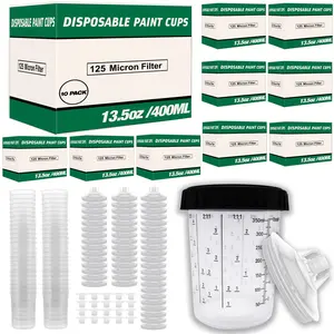 Value Pack 10 Boxes - Disposable Spray Gun Paint Cups Liners and Lid Kit - Each Box Includes: 50 Cup Liners, 50 Lids with 125 Mic, 1 Hard Cup with Retainer Ring and 20 Plugs (10 Boxes of 400ml/13.5oz)