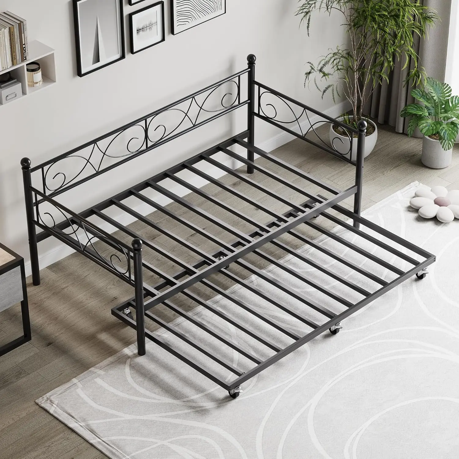 Black Twin Metal Daybed with Pull-Out Trundle - Durable Expandable Pull Out Bed Frame, Heavy-Duty Metal Slats, 350 lbs Capacity, 12 in Storage, Assembly Required, Space-Saving for Living Room, with Customer Service