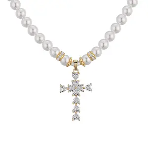 Christian Faith Imitation Pearl Cross Chain Jewelry Necklace - Gold-Tone Heart CZ Pendant, Tarnish-Resistant Skin-Friendly Adjustable Chain, Ideal for Church, Weddings, Nice Gift for Easter Religious Events, Chain Jewelry Necklaces
