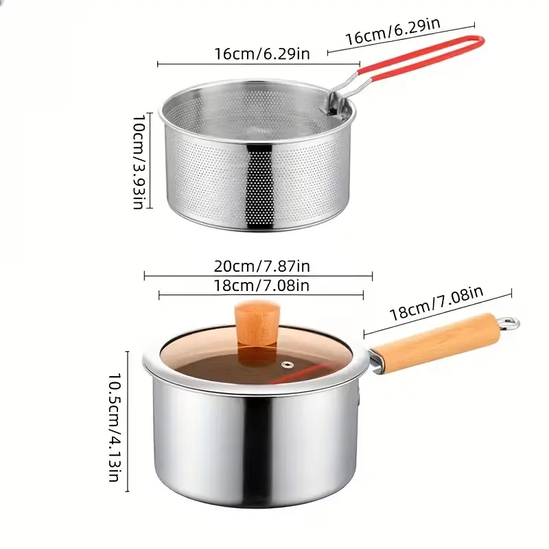 3-in-1 Stainless Steel Deep Fryer with Drain Basket & Visible Glass Lid, Wooden Handle Mini Milk Pan, Multi-Purpose for Frying, Noodles & Spicy Luosifen, Comes with 2 Cleaning Sponges for Stains
