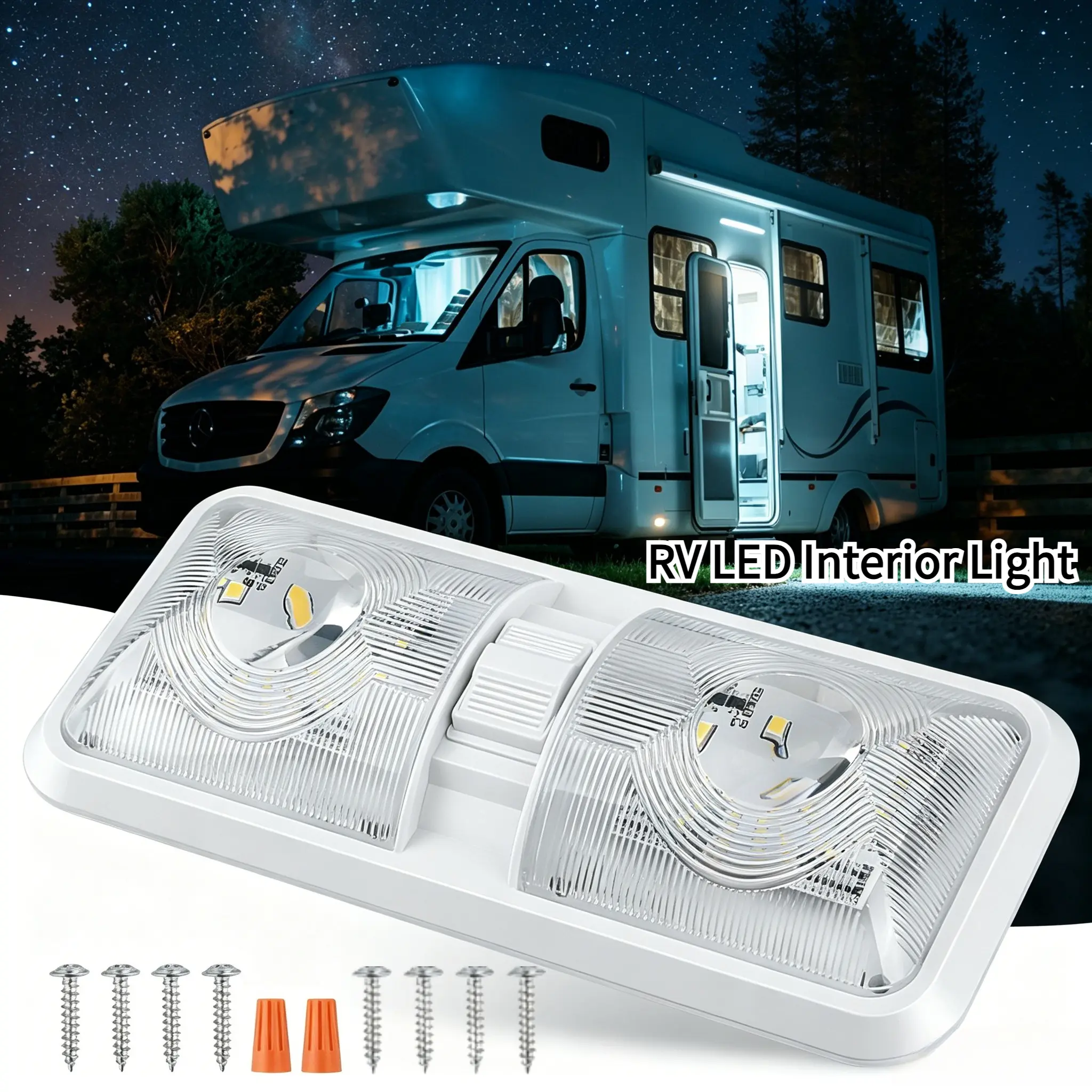 RV LED Interior Double Dome Ceiling Light Fixture - 48 LED Chips, Dimmable Switch, 12V, Glare-Free Comfortable Illumination, DIY Replacement for RV Camper Trailer Motorhome Boat