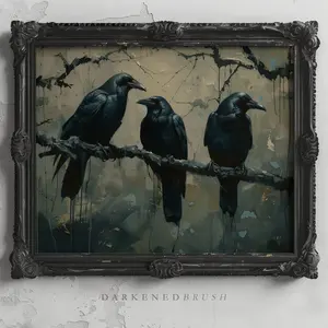 Crows Gothic Birds On Branch Art Painting, Raven Wall Art, Dark Cottagecore, Woodland Moody Bird Wall Art, Dark Academia Gothic Art Print R