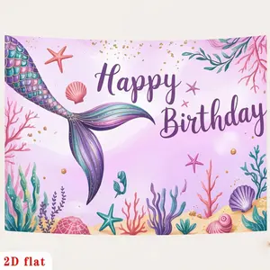 Summervibes 1pc Reusable Polyester 2D Flat Birthday Banner - Iridescent Mermaid Tail, Colorful Starfish, Seashells, Pink Underwater Background | Festive Party Decor Backdrop, Home Supplies