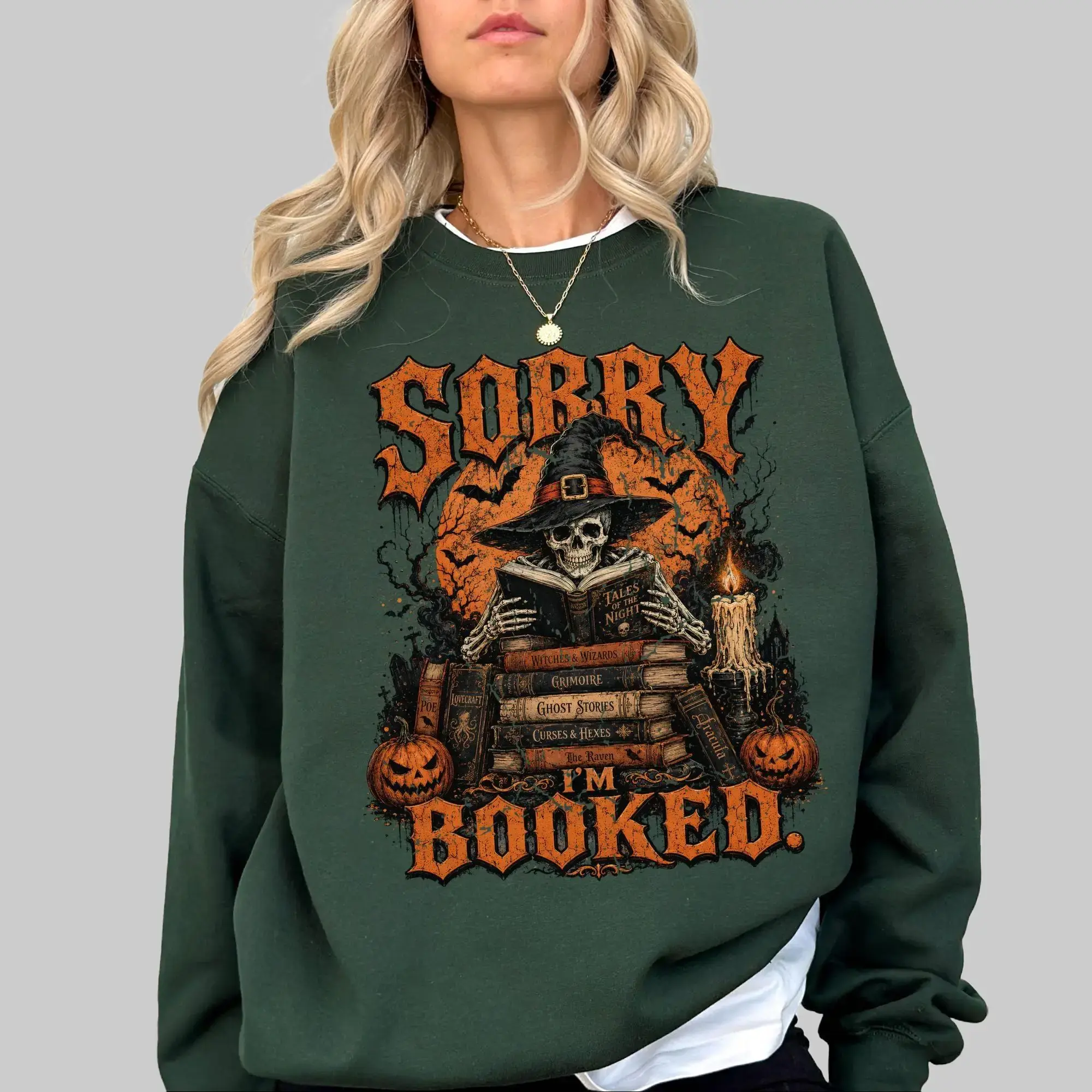 Retro Gothic Skeleton Witch Reading Halloween Sweater, Book Lover Gift
