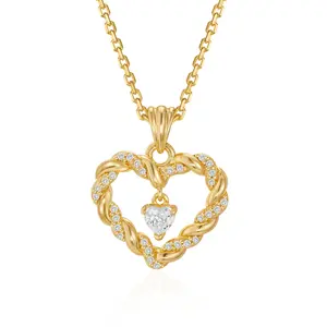 Fettero Gold Plated Twisted Rope Heart Necklace for Women - Cubic Zirconia Heart Pendant Necklace with Crystal Center Romantic Jewelry