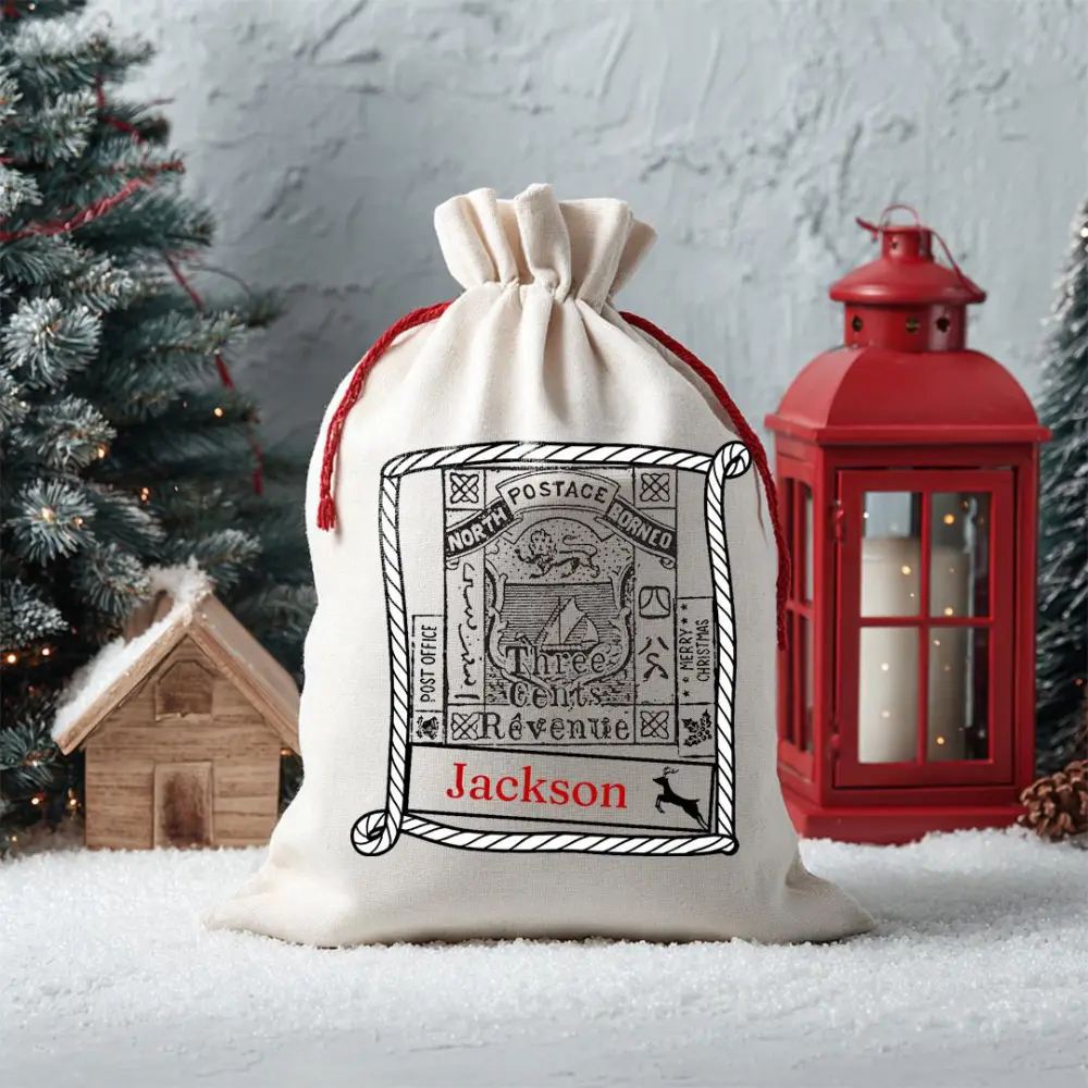 Vintage Postage Christmas Sack Personalized Holiday Gift Bag North Borneo Stamp Design