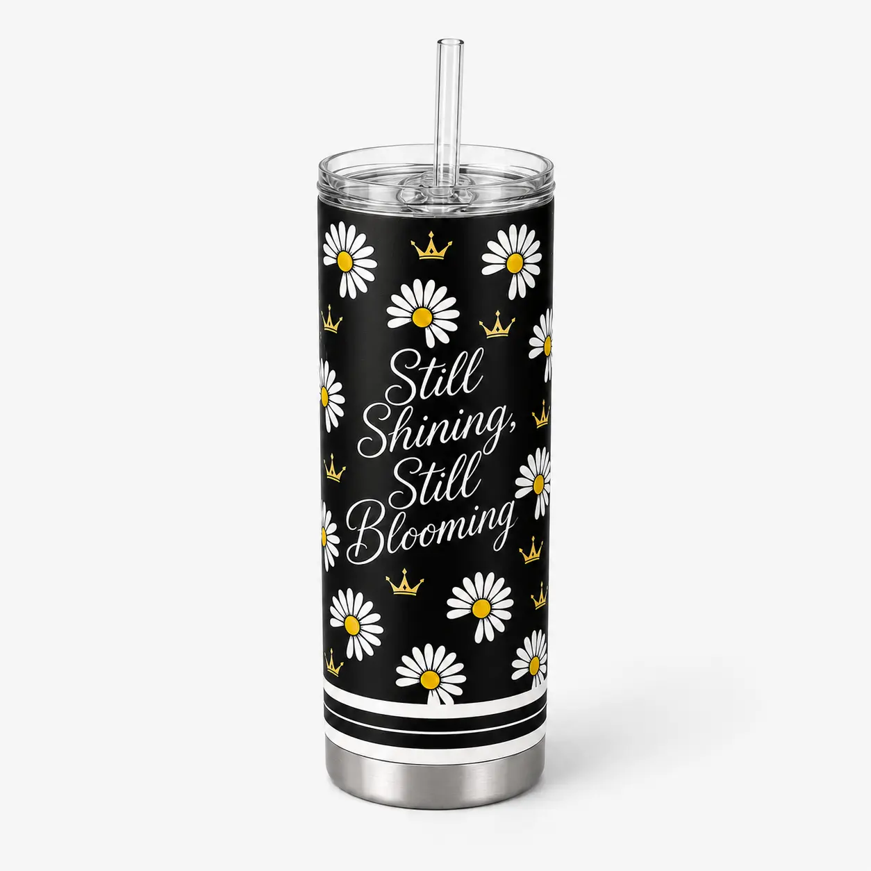 Daisy Crown Black Tumbler with Straw, Floral Monogram Style Travel Cup, Cute Aesthetic Drinkware, Unique Gift for Her #DaisyTumbler #FloralTumbler #TumblerCup #CuteDrinkware #GiftForHer