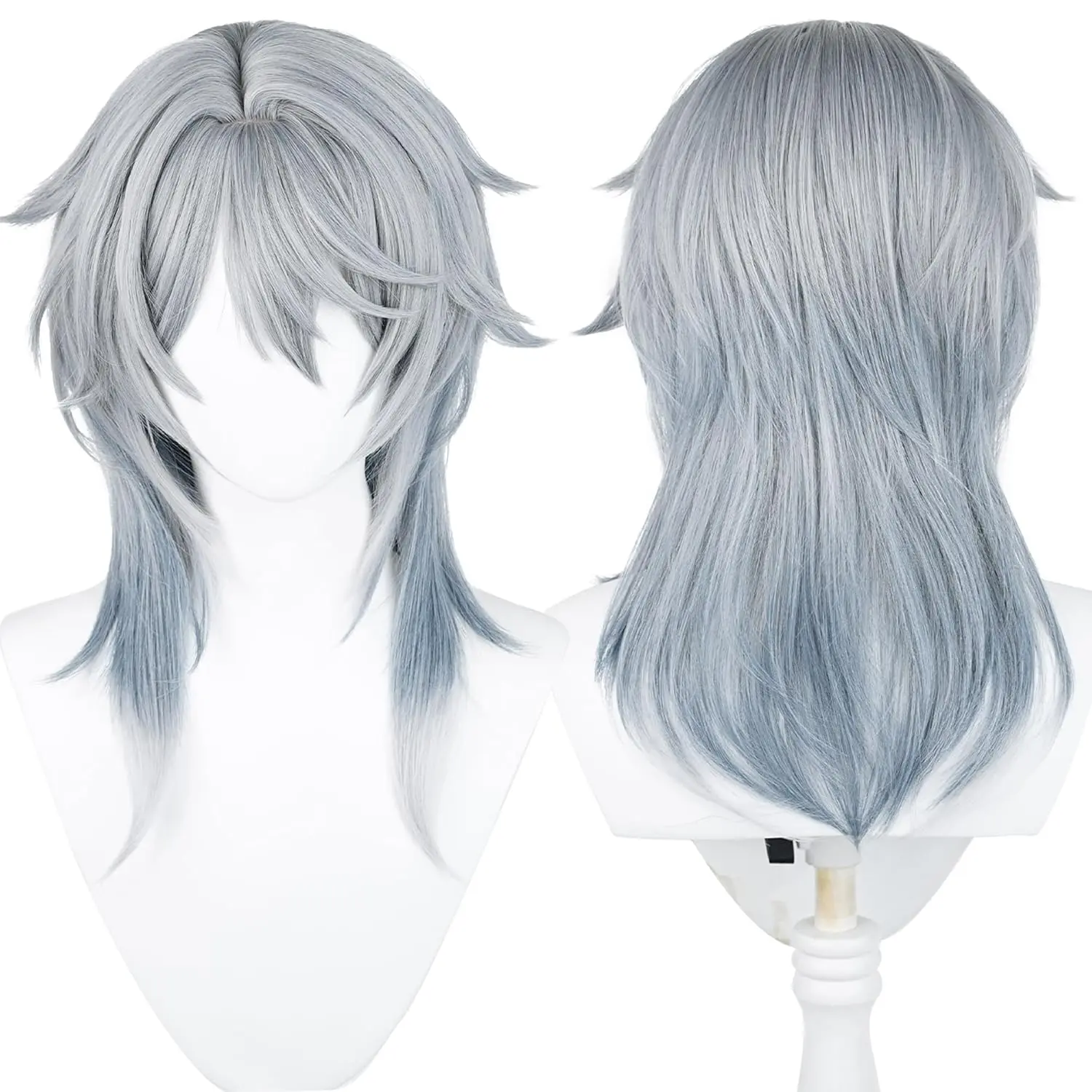 Sunday Anime Gray Blue Wig with Bangs Men Long Straight Wig Layered Haircut Game Cosplay Wigs Halloween,Christmas,Comic con,Game Show,Party,Carnival