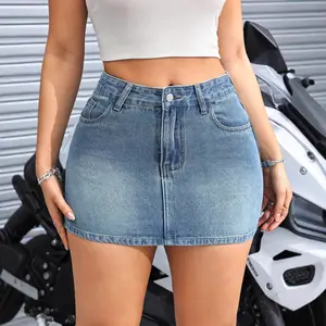 Women's Plain Overlap Waist Zipper Fly Denim Skirt, Casual Button Pocket Mini Skirt for Daily Wear, Ladies Fitted Bottoms for All Seasons, Casual Fashionable Skirt, Womenswear