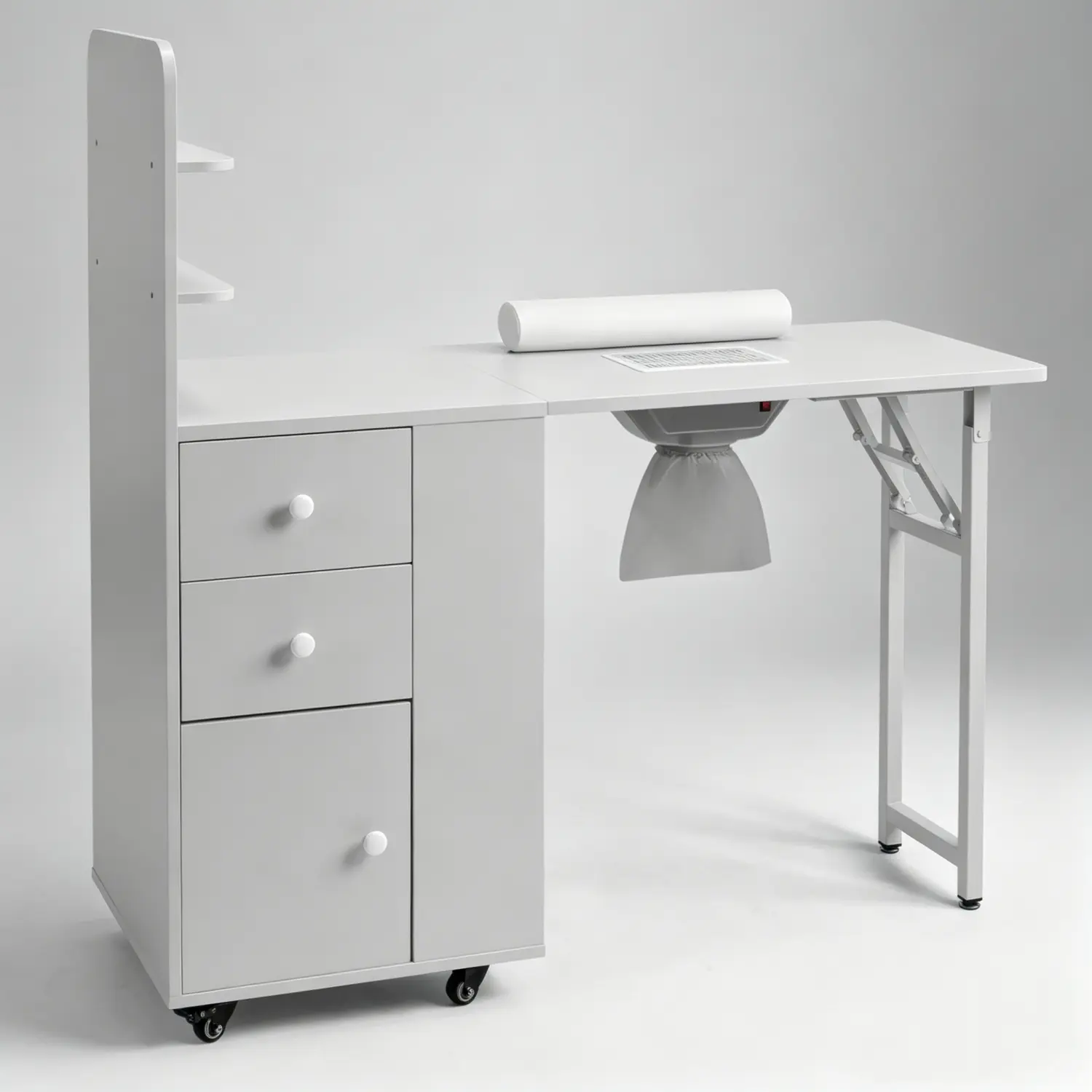 Foldable Nail Desk Manicure Table, Makeup Beauty Salon Storage Table w/2 Open Shelves, Electric Dust Collector, Wrist Cushion,Lockable Wheels, Deals for You Days