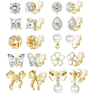 10 Pairs Golden Ear Clips Set for Women Girls Cubic Zirconia Dangle Imitation Pearl Bow Flower Butterfly No Piercing Earrings Jewelry Gifts