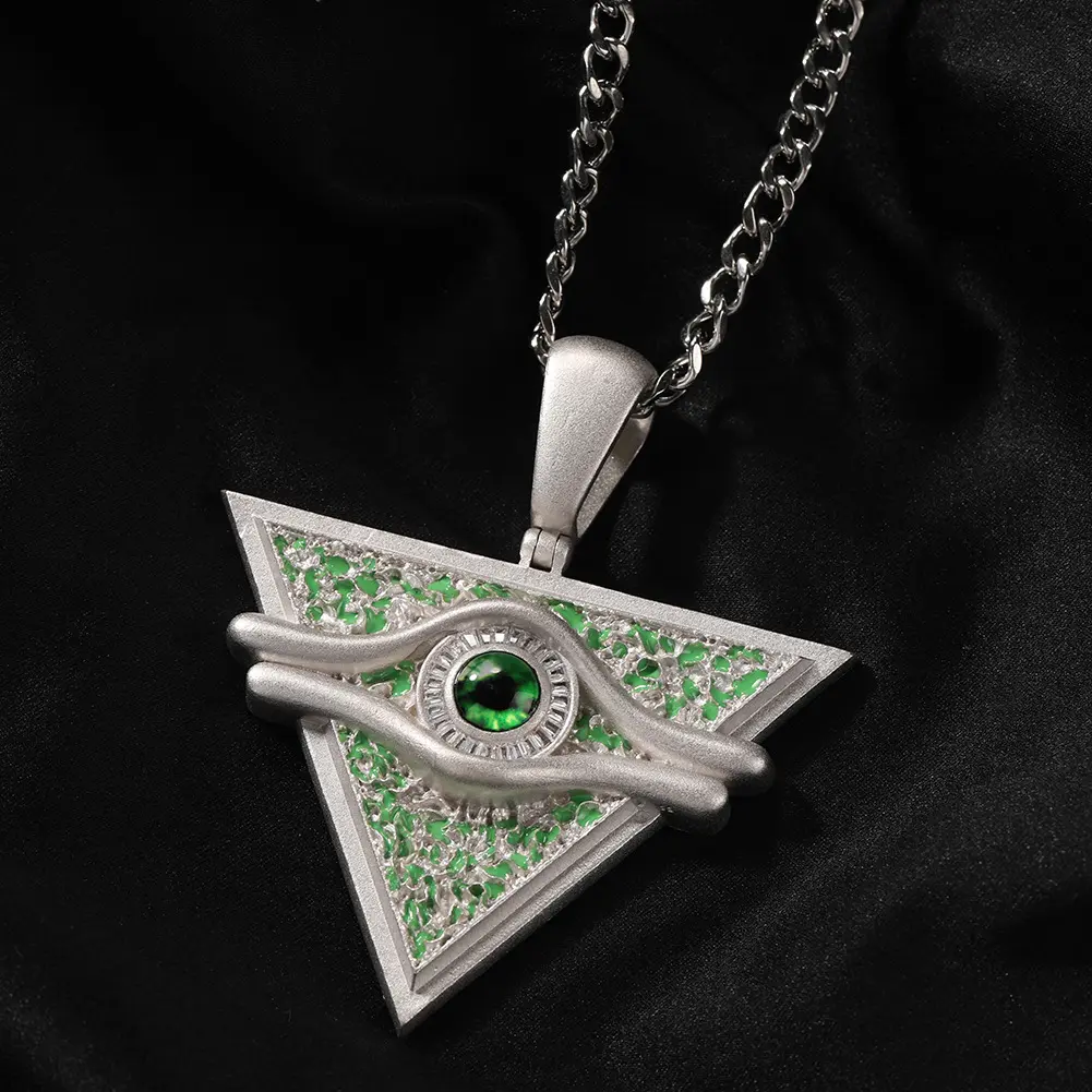 Anime Cosplay Copper Pendant Necklace - Unisex, Drip Enamel Process Green Geometric Eye, Casual Daily Wear, Durable Cord Chain, 2 Sizes (58.9g/163g; 3.74x4.13in/2.56x2.95in), Weighty Statement Jewelry, Copper Chain