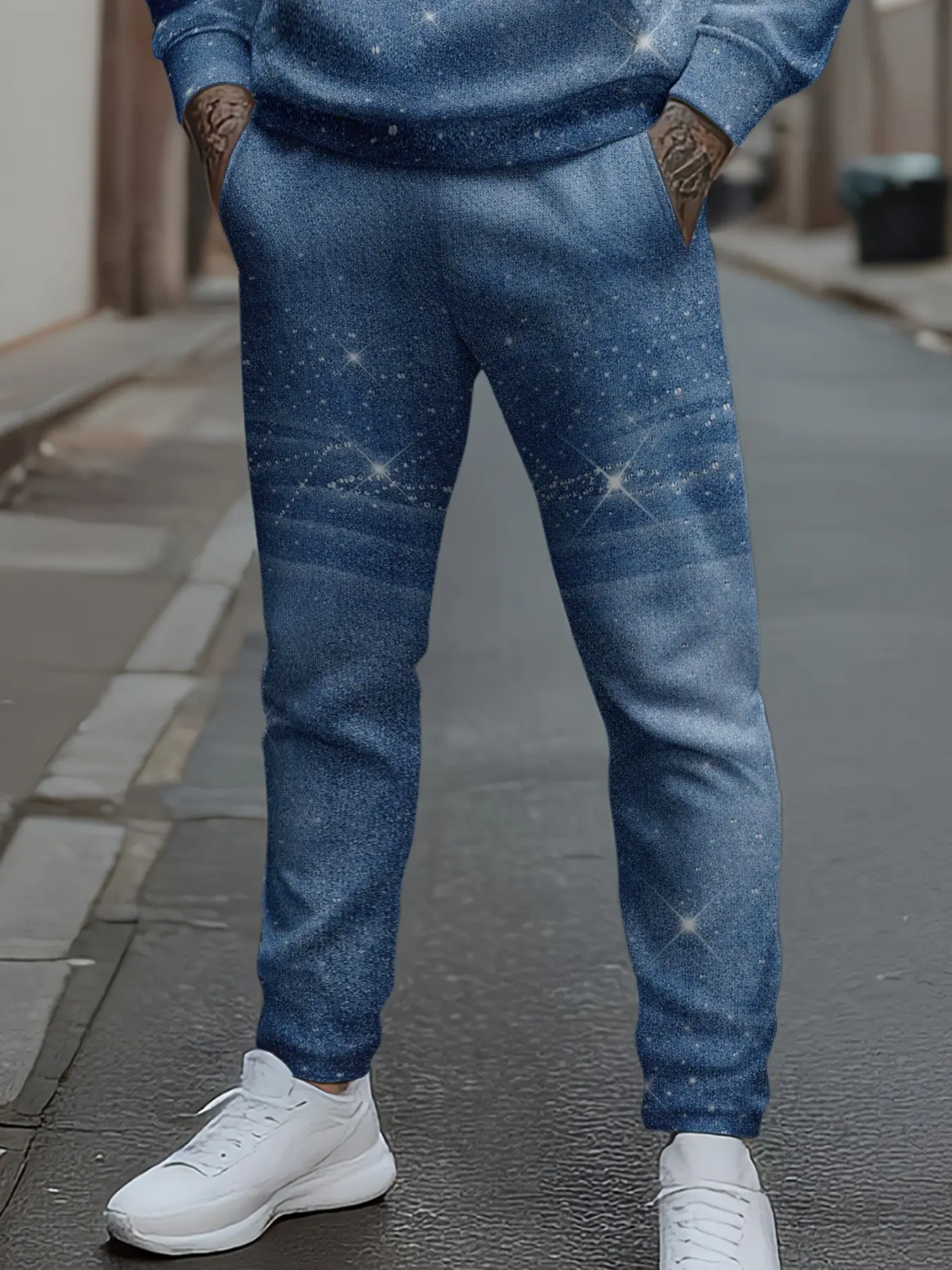 Men's Shiny Blue Denim Sequin Star Pattern Joggers, Sparkling Starry Sky Jeans Casual Sport Pants, Fitted All Season Loungewear