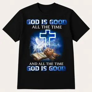 Men's Christian Faith T-Shirt - God is Always Good Verse & Cross Design with "GOD IS GOOD ALL THE TIME" Slogan, 100% Cotton 180gsm Fit Short Sleeve Round Neck Casual Church Wear Gift for Dad, Pastor, Husband (Black)