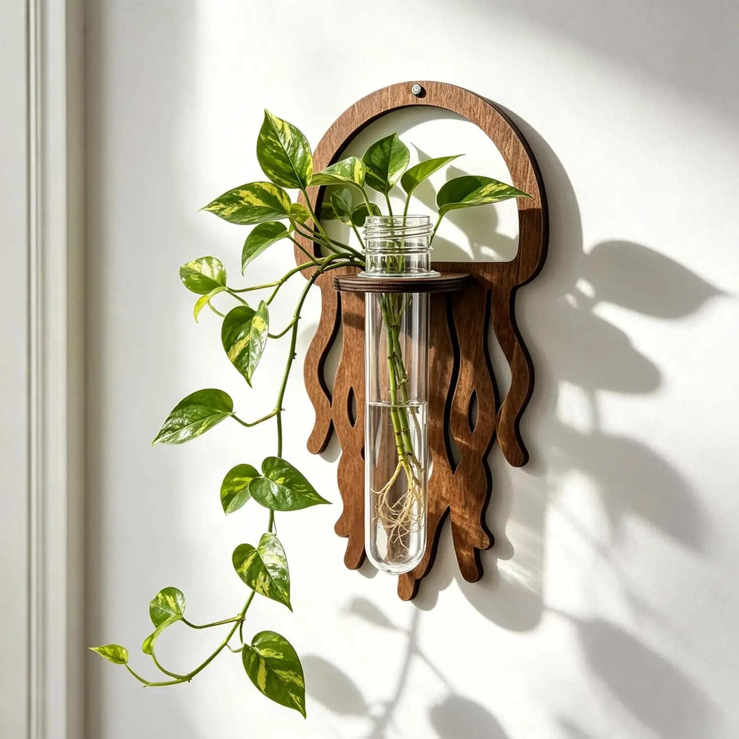 Yilybuy 1×Wooden Jellyfish Wall Hanging Vase (7.87 × 4.13 In) with Plastic Flower Tube, Floral Decor Green Wall Decor for Dried Flowers, Greenery & Home Styling Cozy Spaces, 1 × Wooden Jellyfish Wall Vase