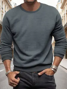 Men's Mesh Texture Round Neck Sports Shirt, Sports Sweatshirt, Ribbed Edge Casual Pullover, Lightweight Long Sleeve Slim Fit, Fall Winter Daily Wear