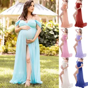 Maternity Off Shoulder Dress for Photoshoot Lace Chiffon Split Front Maxi Gown Pregnancy Clothes Must Haves for Photography & Baby Shower Pregnant Clothes