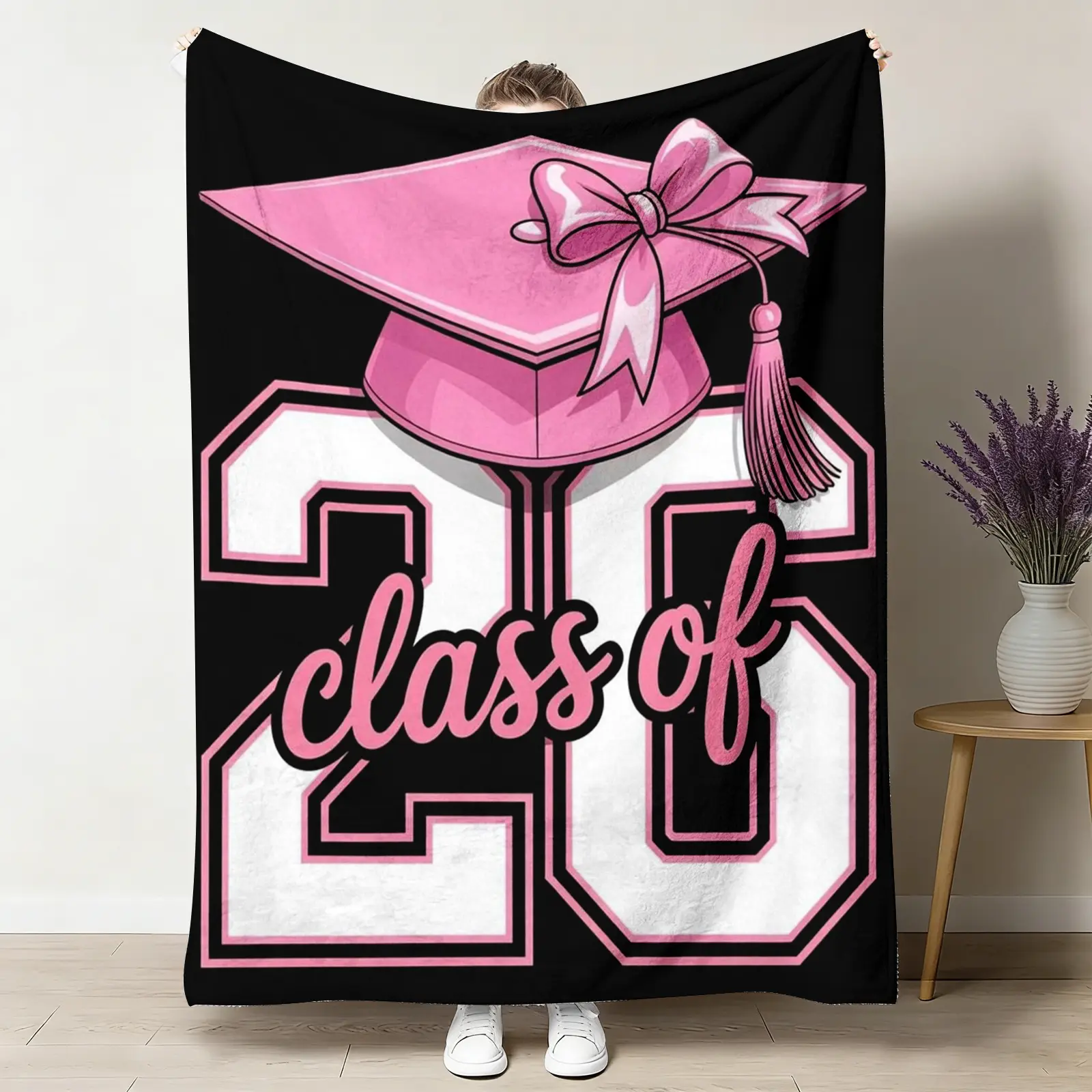 Class of 2026 Graduation Flannel Throw Blanket, Black-Pink Cap Bow Tassel Design, Soft Cozy Warm Bow Decoration Graphic Blanket Throw, Gift for Senior Her, Girly Dorm Bedroom Decor, Bow Decoration Throws, Graphic Blanket Throws