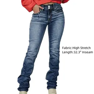 Flamingals Washed Flap Pocket Mid Waist Bootcut Jeans Comfort Casual Womenswear