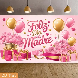 2D Flat - 2D Flat - 1pc a 2D Flat Banner for Parties, Featuring a Polyester Backdrop with Pink And Golden Balloons, Rose Hydrangeas, And a Gift Box. It Includes Spanish Text And Is Suitable for Event Decorat
