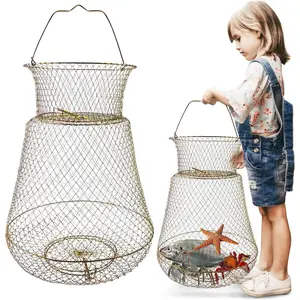 Portable Collapsible Galvanized Steel Wire Fish Basket Minnow Bucket for Outdoor Fishing