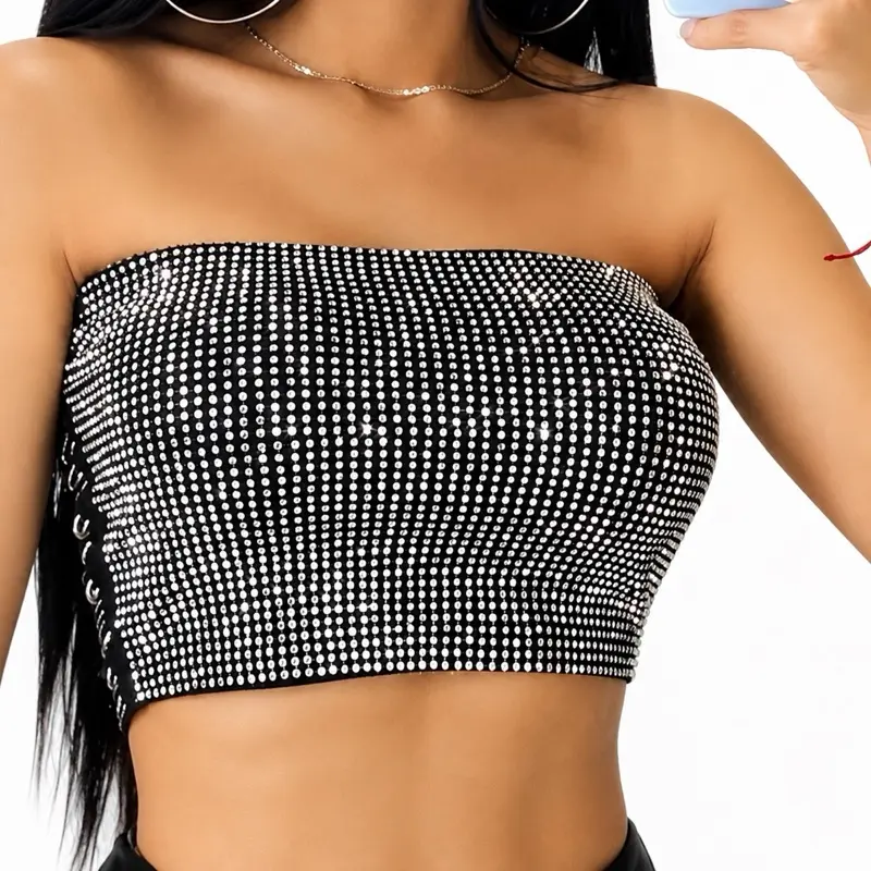 Rhinestone Tube Crop Top for Women, Sparkly Sleeveless Fitted Summer Party Top