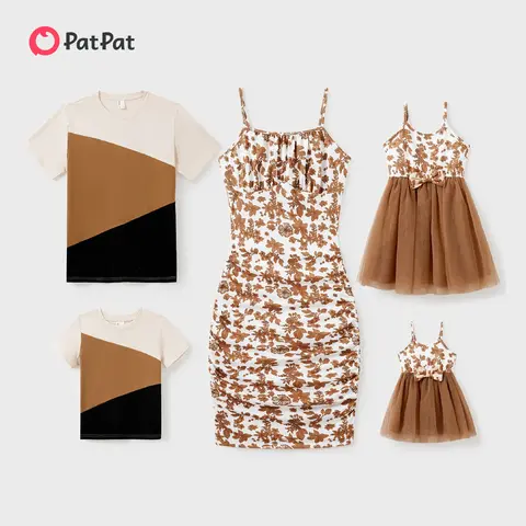 PatPat Women's & Girls' Sleeveless Polyester Spliced Mesh Strap Dress Family Matching Set, Adjustable Buckle, Light Fabric, Independence Day Sale