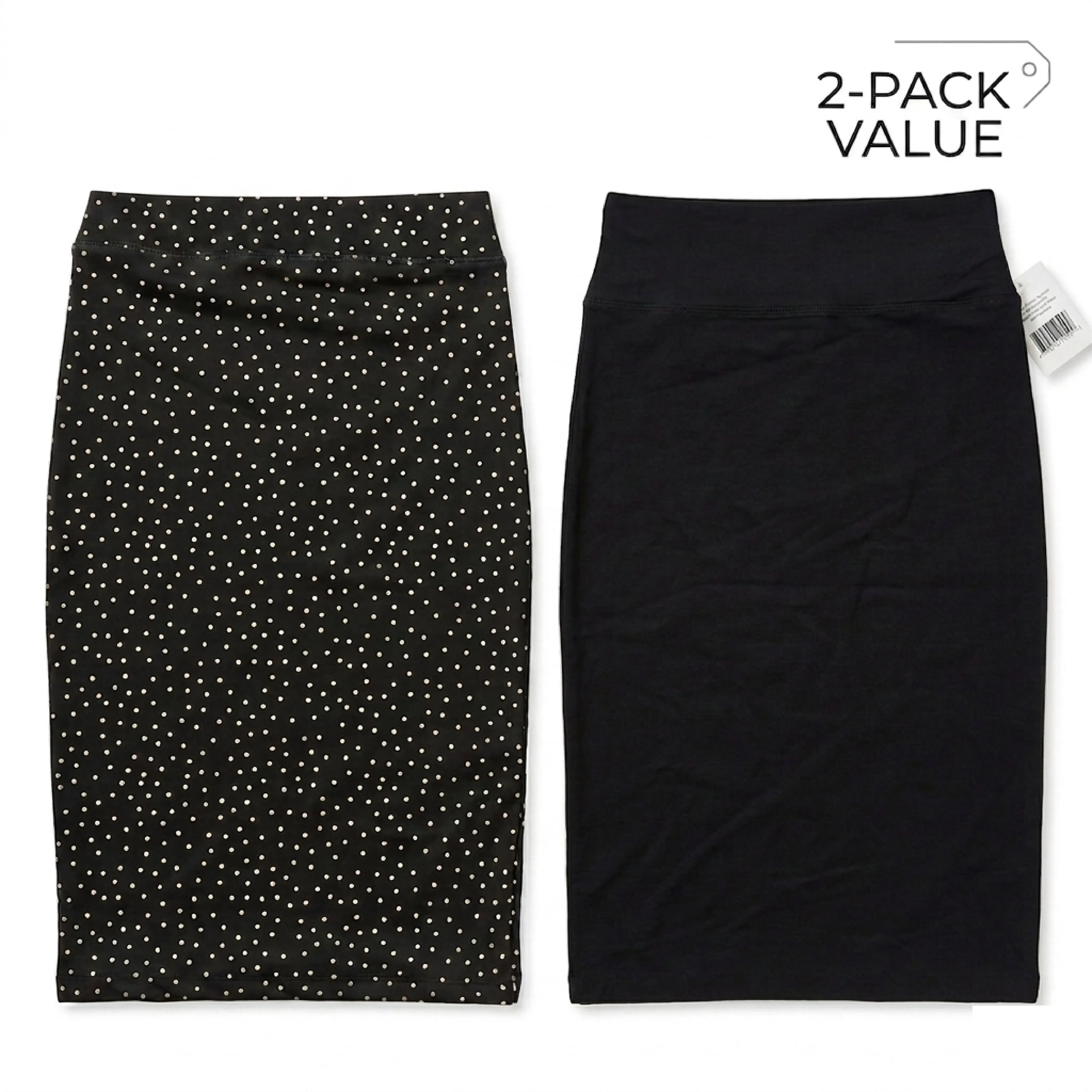 [2-Pack Value] Women's High-Waisted Pencil Skirt Set | Petite-Friendly Bodycon Midi Skirts (Solid Black & Polka Dot)