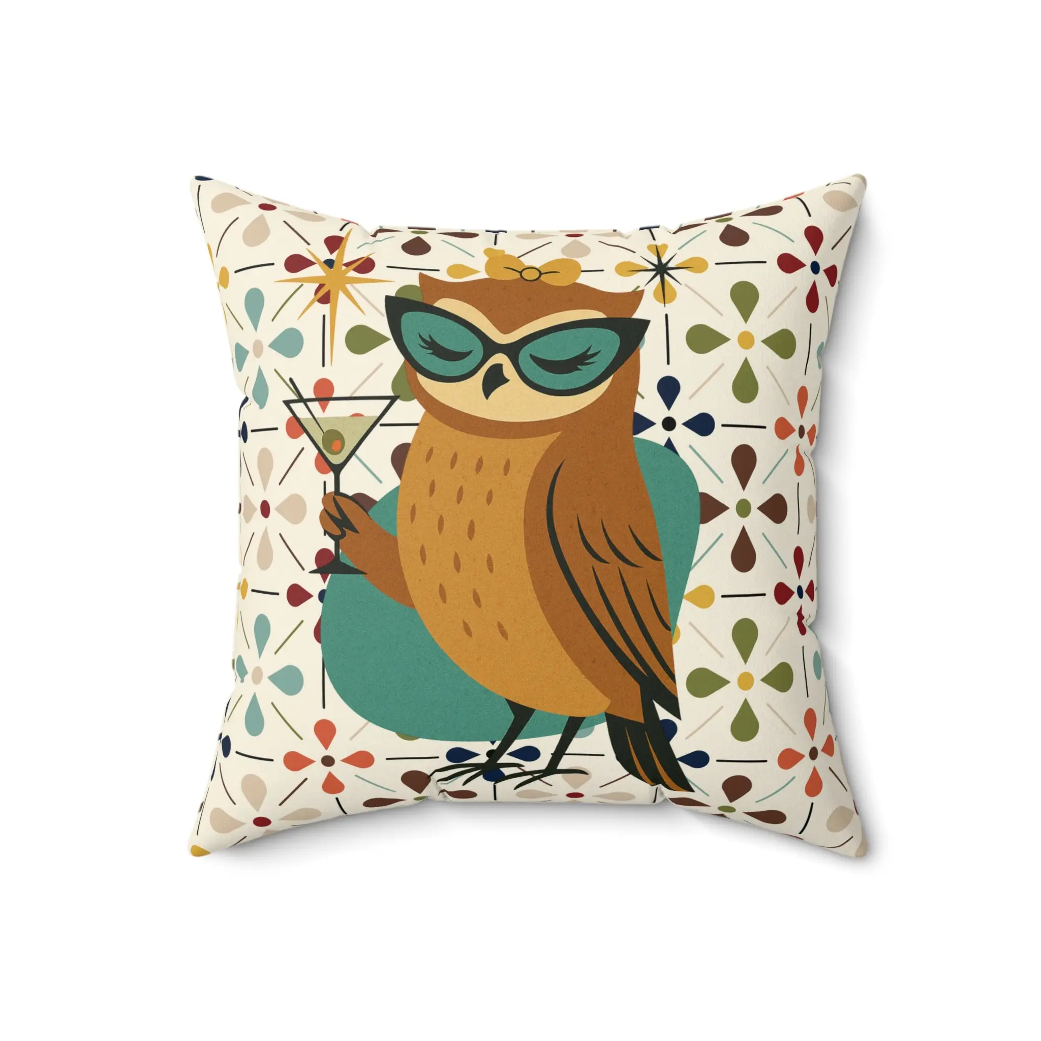 Modern Scandinavian Floral Cocktail Owl, Kitschy Mod Pillow And Insert