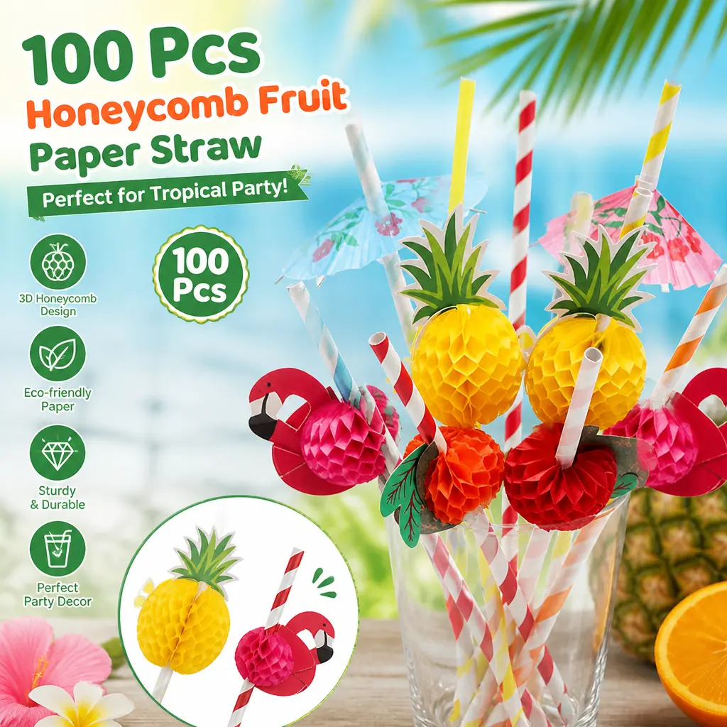 100pcs 7.9 inches Paper-Plastic Tropical Flamingo Disposable Drink Straws with 3D Honeycomb Design - Durable Bar Utensils for Beach, Tropical Party - Party Decor