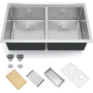 33" Double Bowl 304 Stainless Steel Kitchen Sink - Dual Mount & Noise Reduction