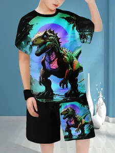 Boys Fashion Dinosaur Print 3D Printed Casual Short Sleeve Tee Shirt & Shorts Set, Outdoor Sports for Spring & Fall Seasons