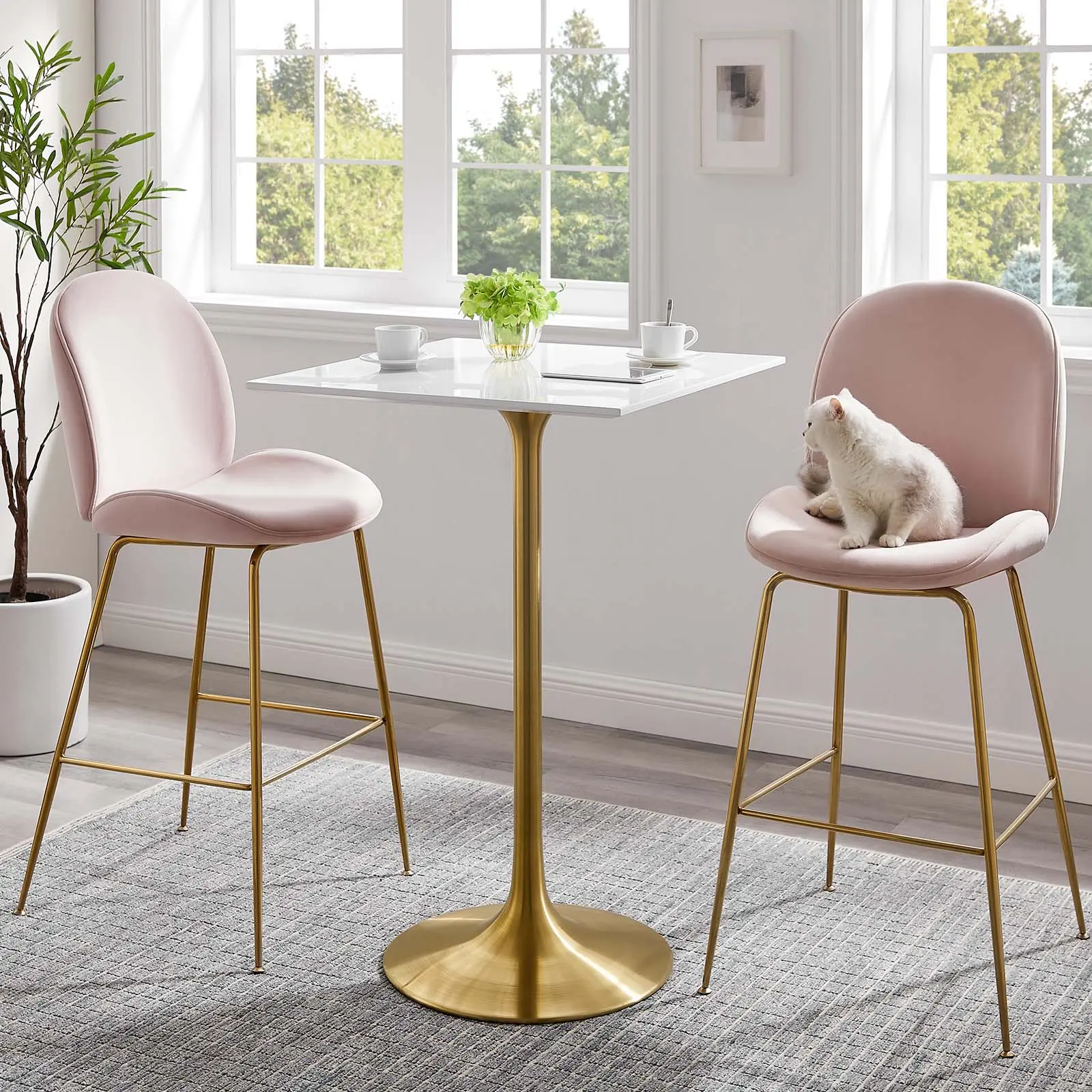 Modway Lippa 28" Square Wood Top Home Bar Table, Gold-White Finish