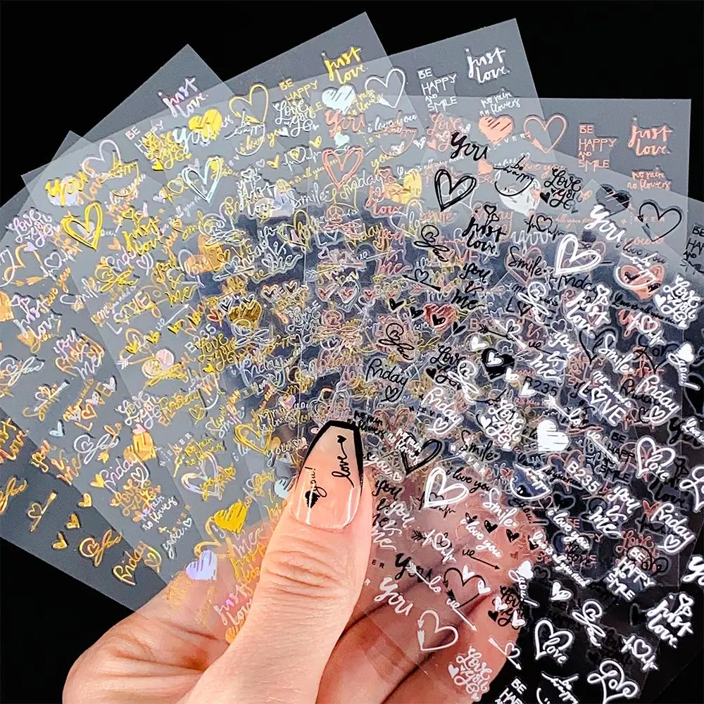 7PCS 3D Holographic Love Heart Letter Nail Sticker Black Gold Silver Heart Sliders Self Adhesive Alphabet Decal Nail Supplies