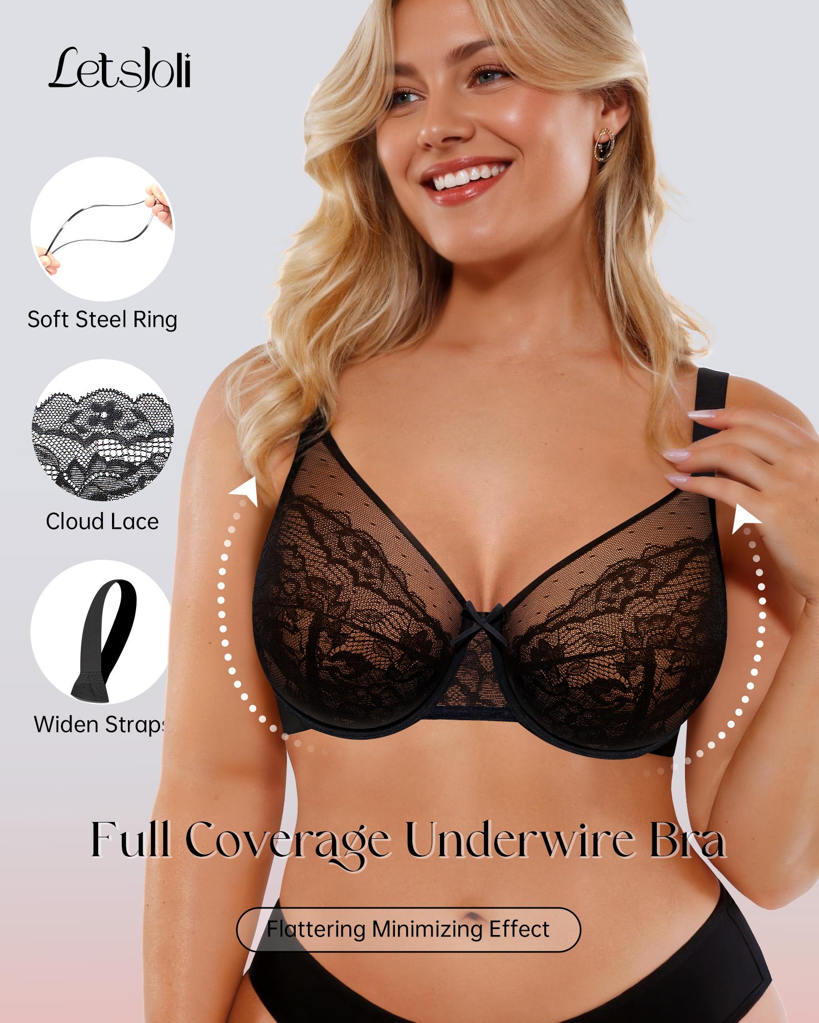 LetsJoli Enchante Floral Lace Plus Size Underwire Unlined Unpadded Minimizer Full Coverage Bra Women's Wear Comfortable Breathable Mesh Cup Plus Size  Postpartum Support Bra Thin Breathable Bra,clothes for back to school,first day of school outfits