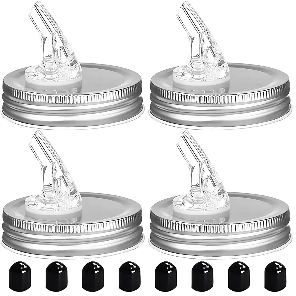 4PCS Mason Jar Pour Spouts Free Flow Mason Jar Pour Spouts Mason Jar for Spout Regular Mouth Size 70mm Dispenser Germination Cover Suitable for any liquid Leak-Proof with 8 Lid Caps - NO Included Mason Jar