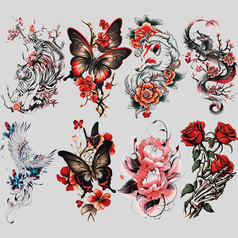 8-Piece Waterproof Colorful Butterfly Rose Tiger Dragon Temporary Tattoo Stickers, DIY Tattoos, Realistic Design, Unisex Adult Body Art, Large Half Arm Fake Tattoos